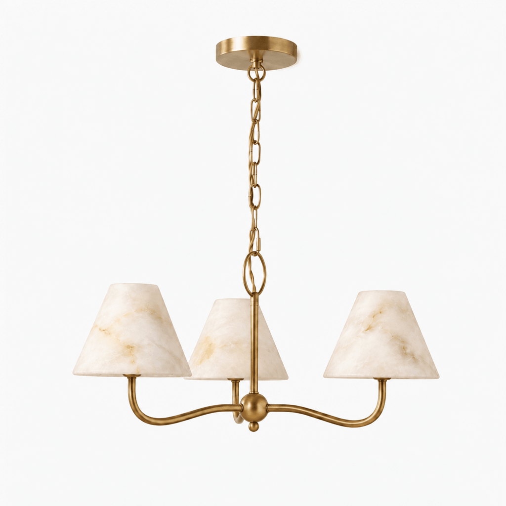 Fenwick Alabaster Cone Chandelier — full fixture profile, three stone cone shades on curved metal arms (view 1)
