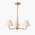 Fenwick Alabaster Cone Chandelier — full fixture profile, three stone cone shades on curved metal arms (view 1)