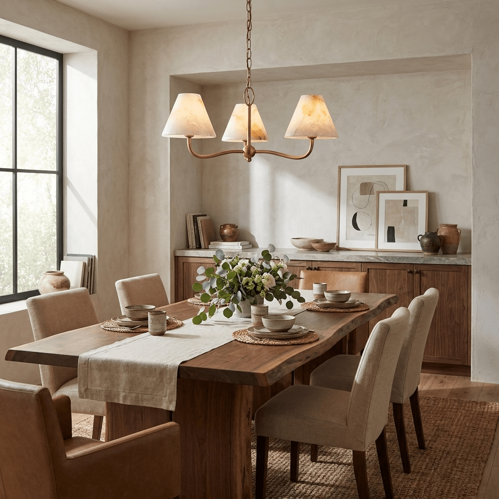 Fenwick Alabaster Cone Chandelier — additional product view, three stone cone shades on curved metal arms (view 3)