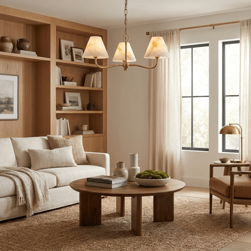 Fenwick Alabaster Cone Chandelier — additional product view, three stone cone shades on curved metal arms (view 4)