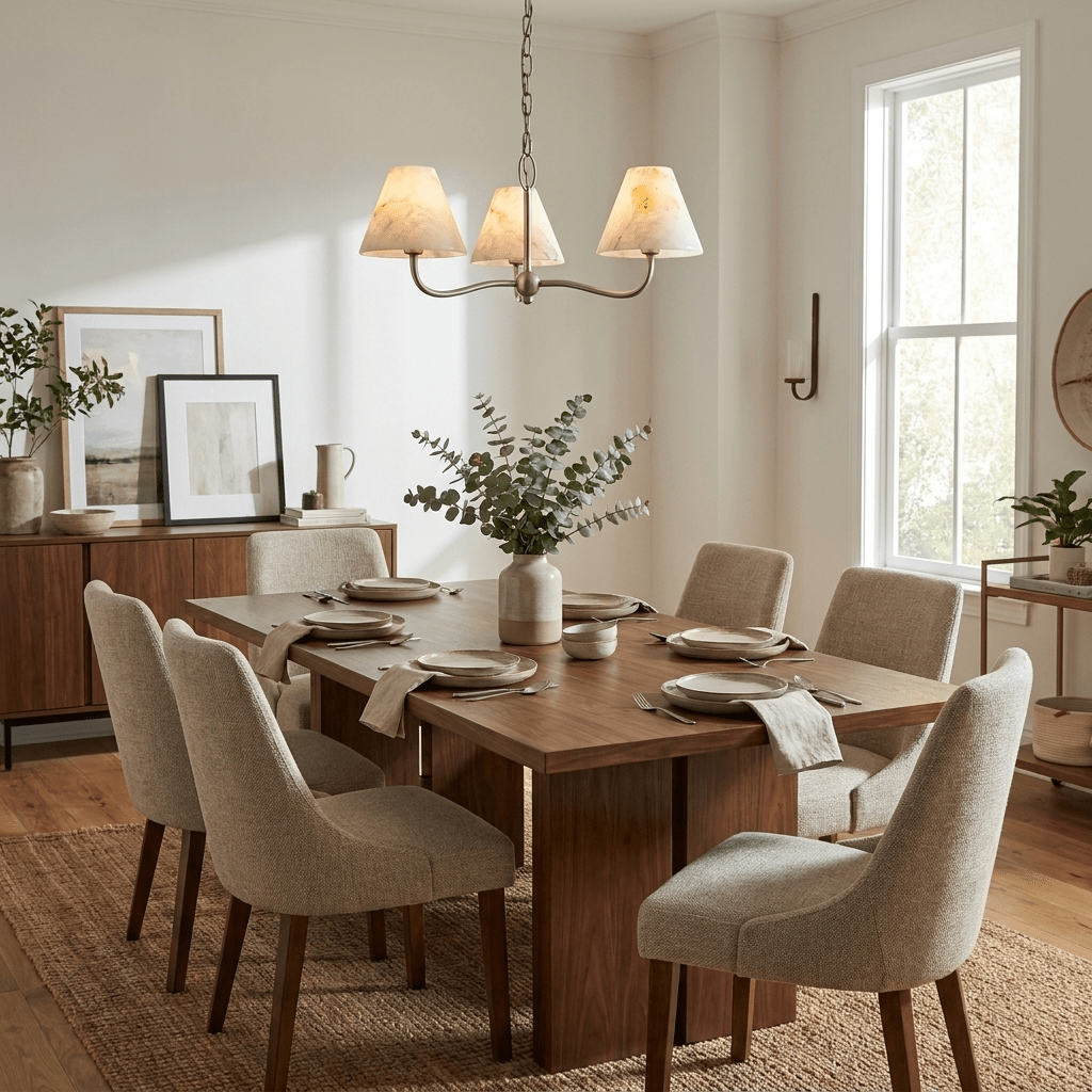 Fenwick Alabaster Cone Chandelier — additional product view, three stone cone shades on curved metal arms (view 5)
