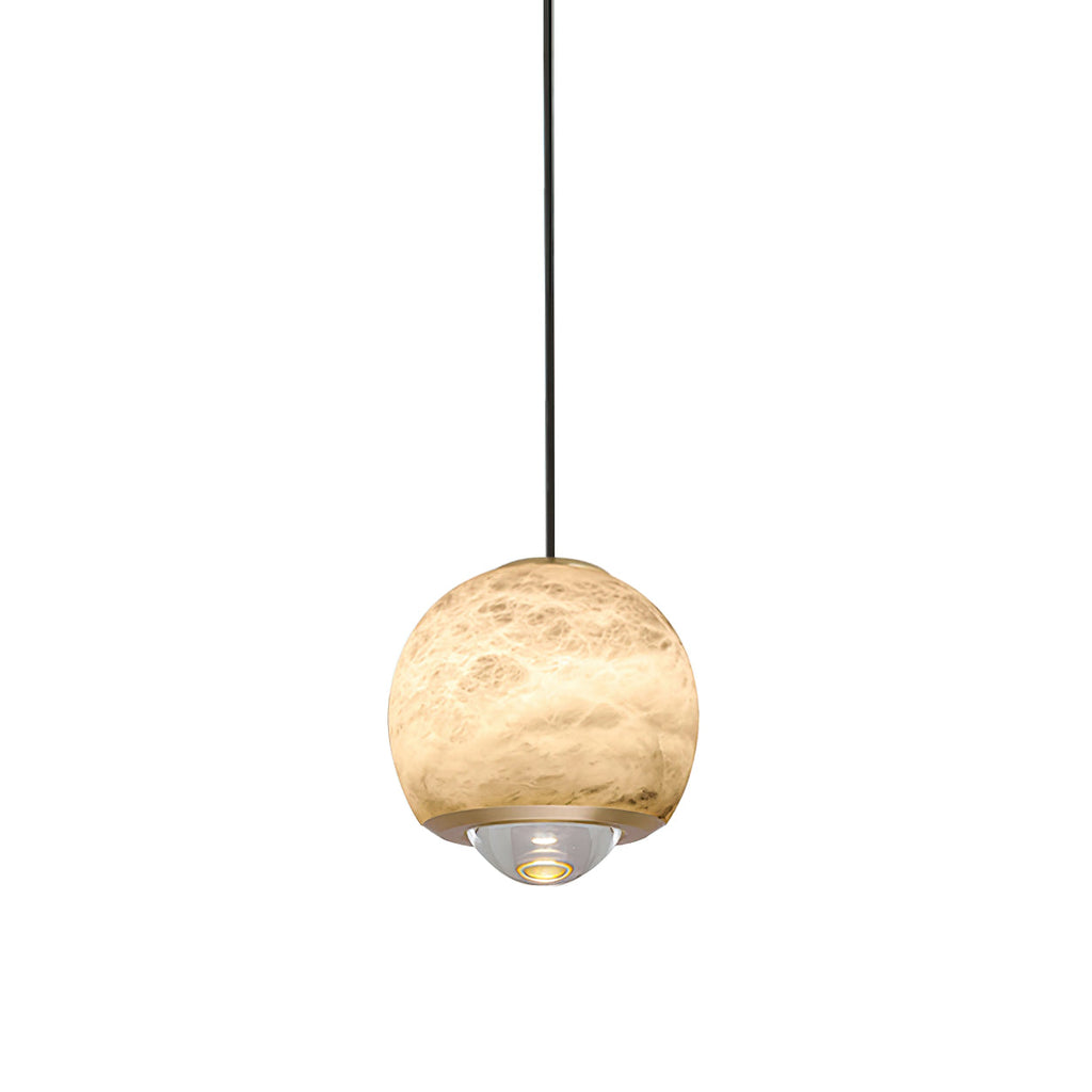 Ferox Alabaster Pendant Light — full fixture profile, a stone body with a lens-like lower diffuser (view 1)