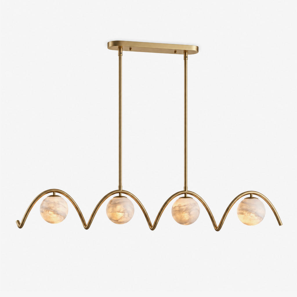 Festoon Alabaster Chandelier — full fixture profile, four globe shades along a continuous scalloped metal tube (view 1)
