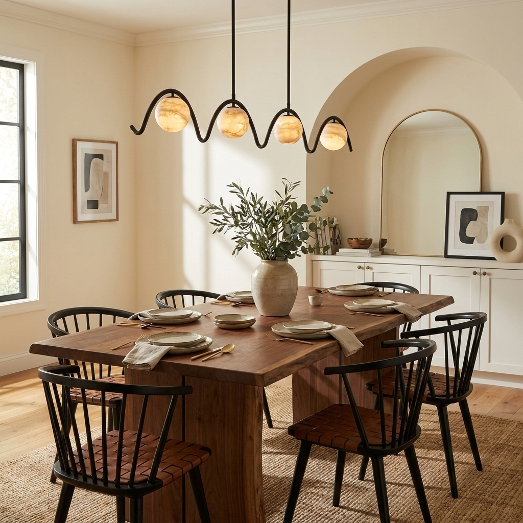 Festoon Alabaster Chandelier — additional product view, four globe shades along a continuous scalloped metal tube (view 4)