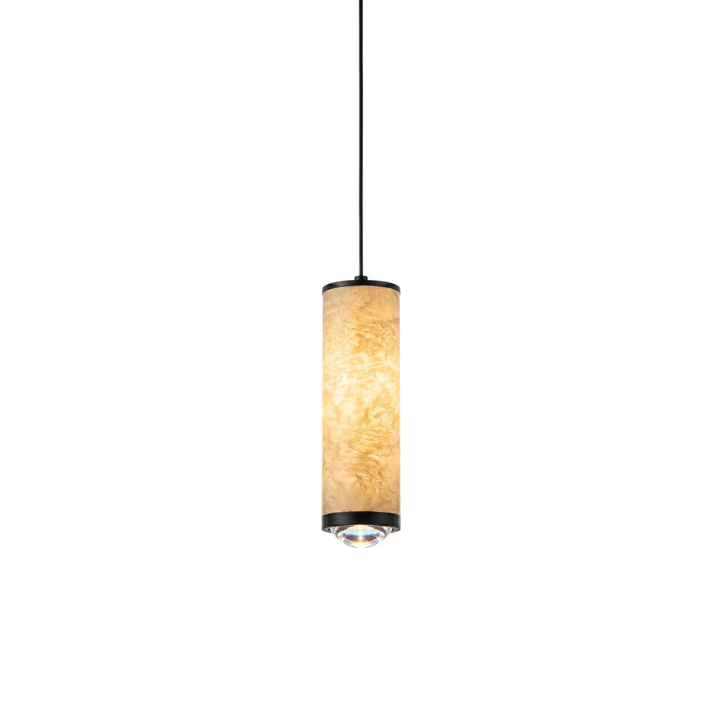 Fina cylindrical pendant with an illuminated tubular shade and black suspension cord