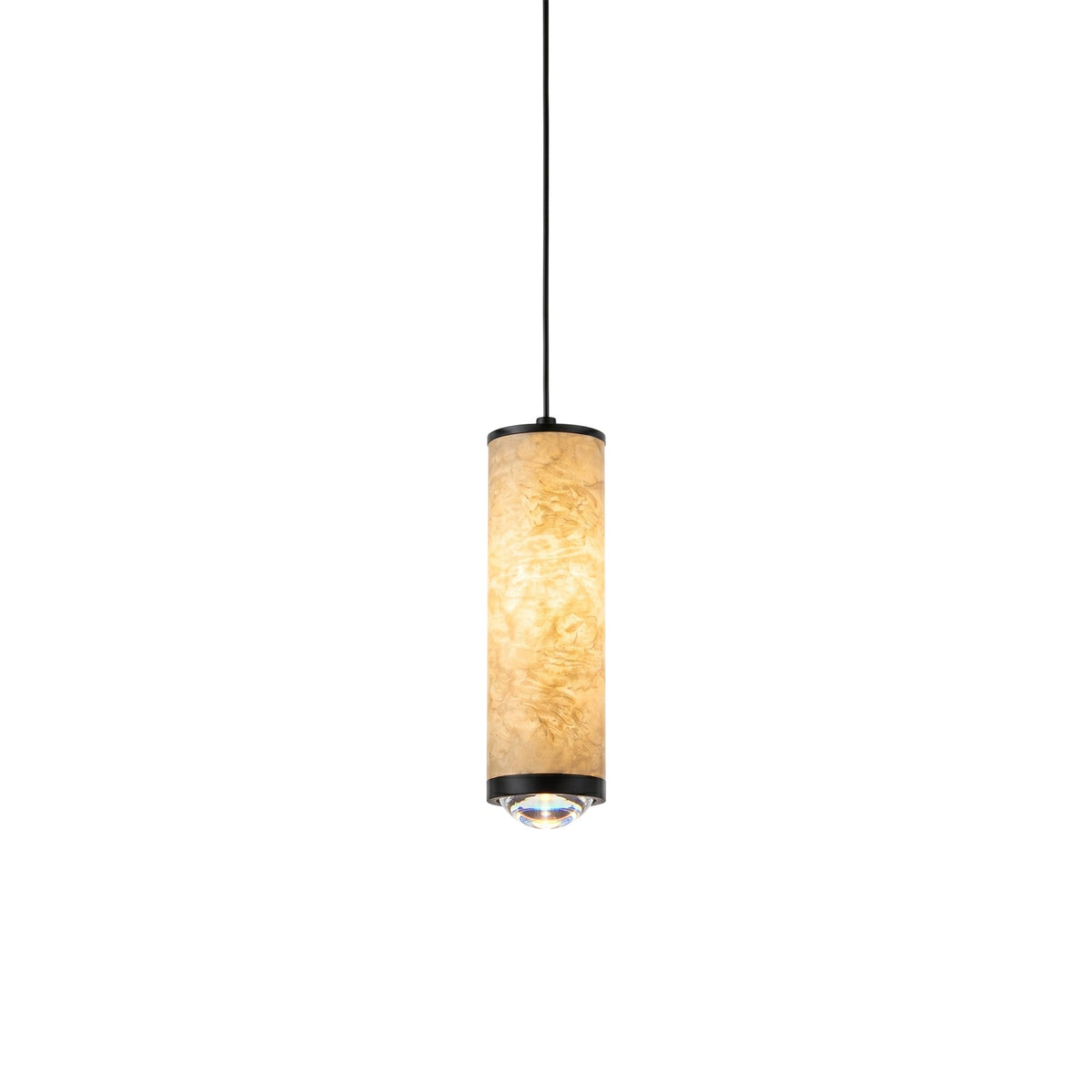 Fina cylindrical pendant with an illuminated tubular shade and black suspension cord