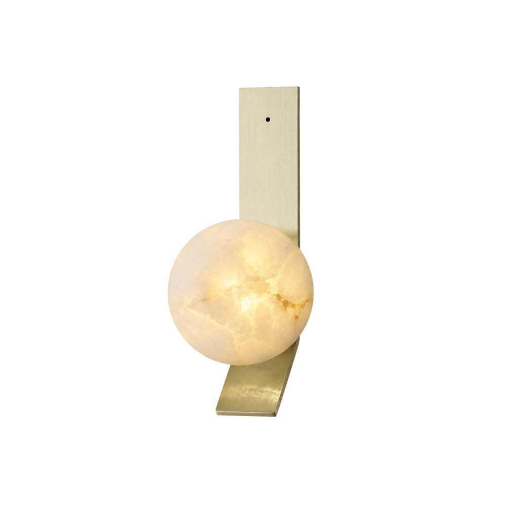 Fizi Alabaster Wall Sconce — full fixture profile, two stone spheres on a narrow vertical brass frame (view 1)