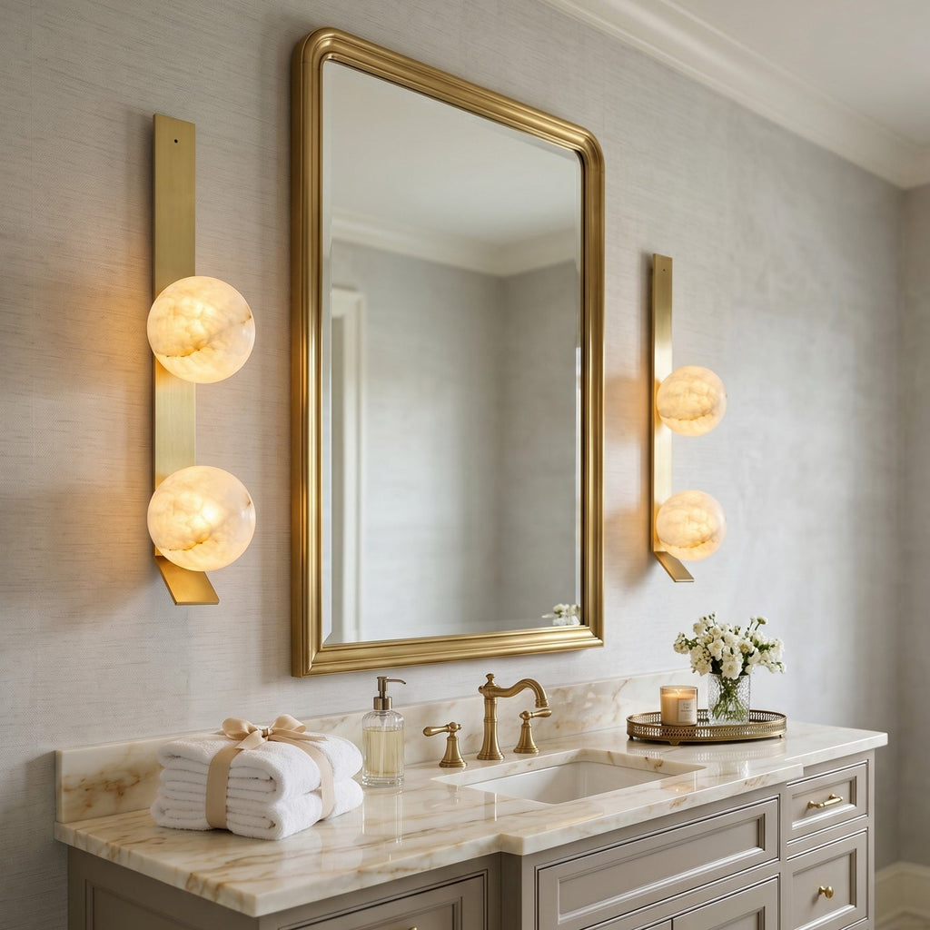 Fizi Alabaster Wall Sconce — product setting and fixture profile, two stone spheres on a narrow vertical brass frame (view 2)
