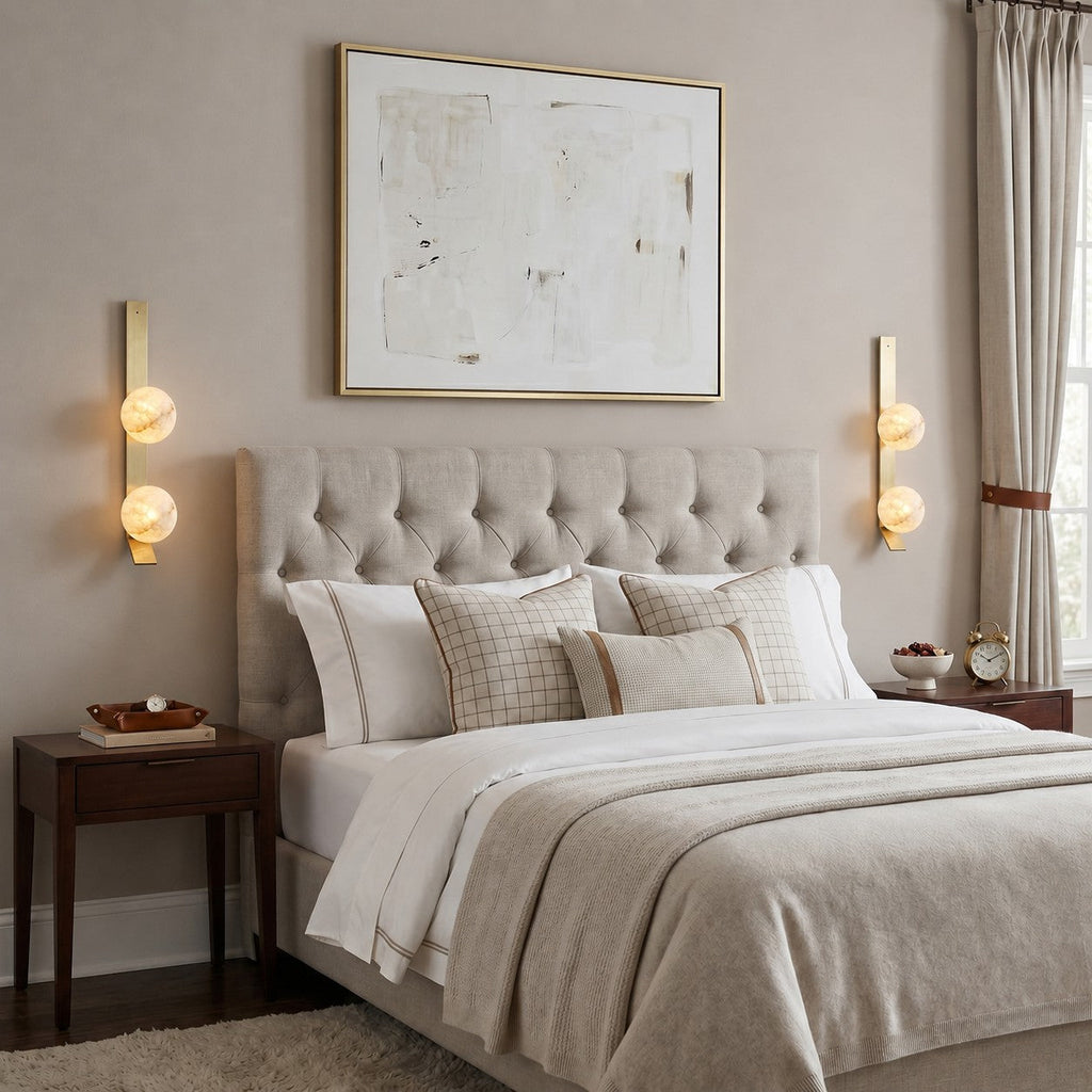 Fizi Alabaster Wall Sconce — additional product view, two stone spheres on a narrow vertical brass frame (view 3)