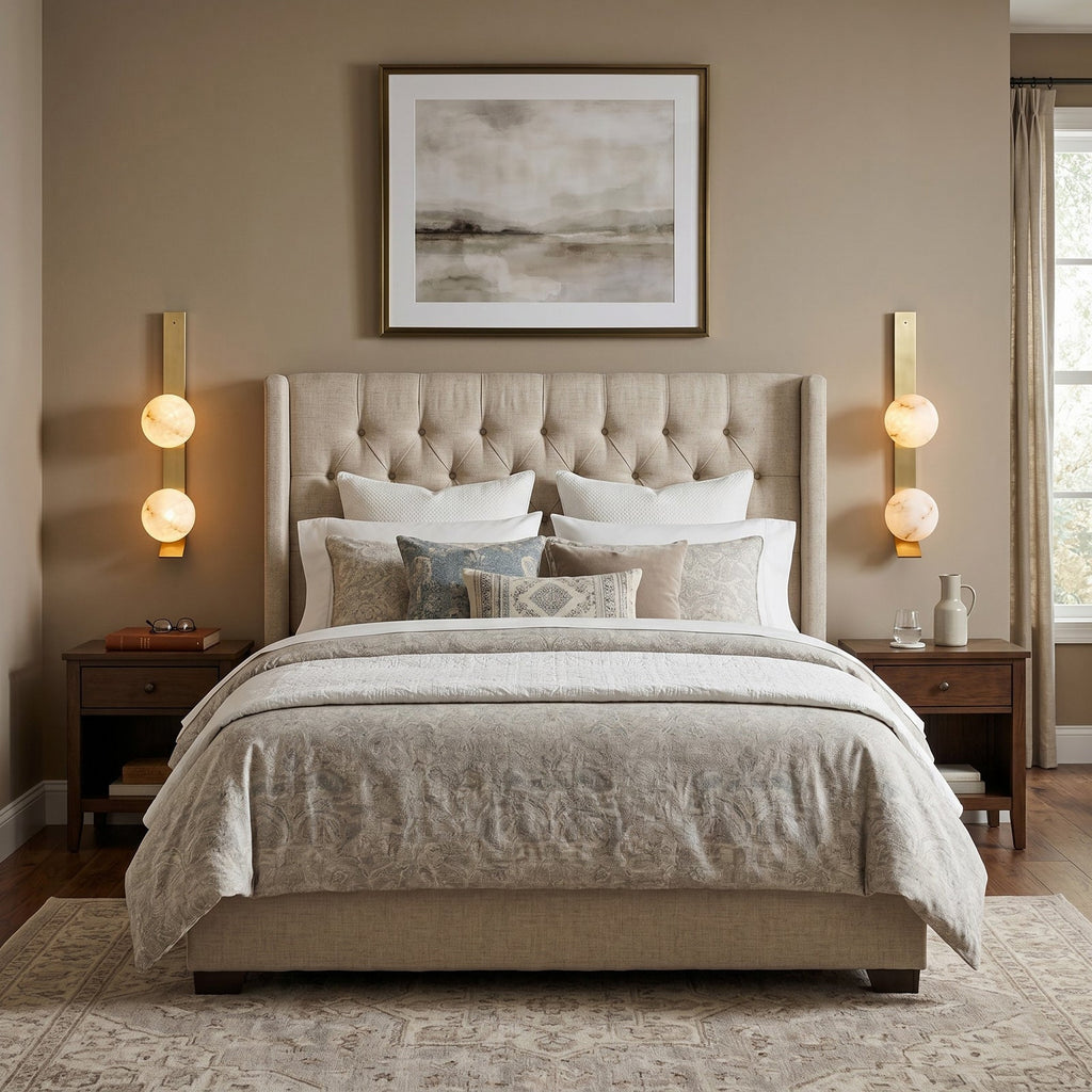 Fizi Alabaster Wall Sconce — additional product view, two stone spheres on a narrow vertical brass frame (view 4)