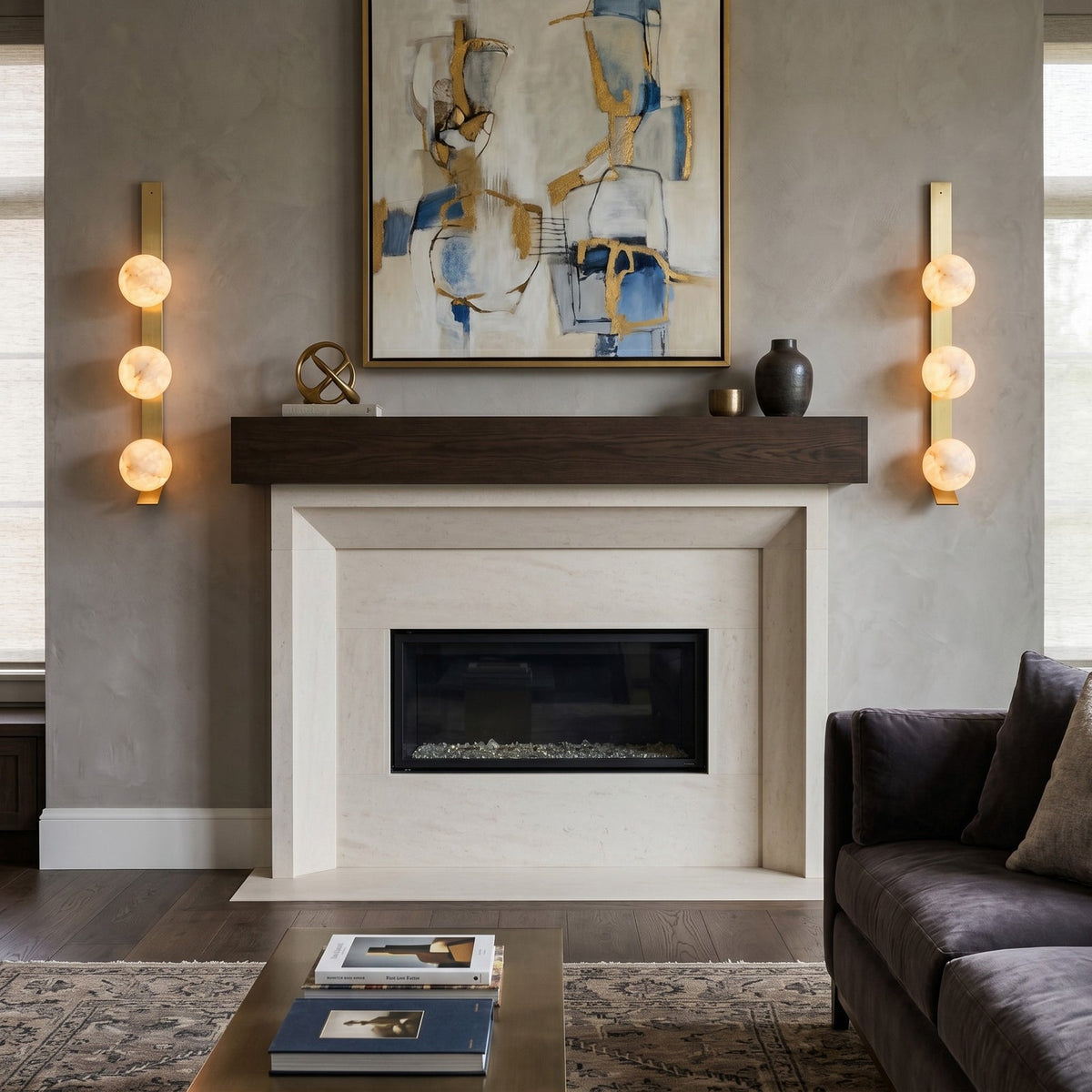Fizi Alabaster Wall Sconce — additional product view, two stone spheres on a narrow vertical brass frame (view 5)
