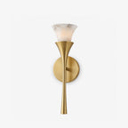 Flare Alabaster Wall Sconce — full fixture profile, an open stone shade above a tapered hourglass stem (view 1)