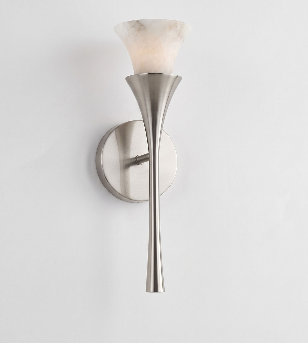 Flare Alabaster Wall Sconce — additional product view, an open stone shade above a tapered hourglass stem (view 5)