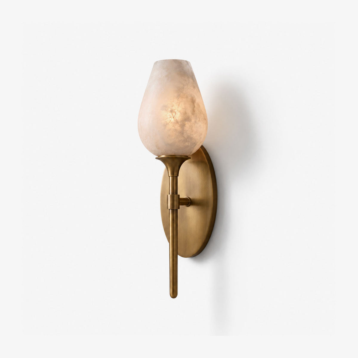 Floriane Alabaster Tulip Wall Sconce — full fixture profile, a tulip-shaped stone shade above a slender torch stem (view 1)