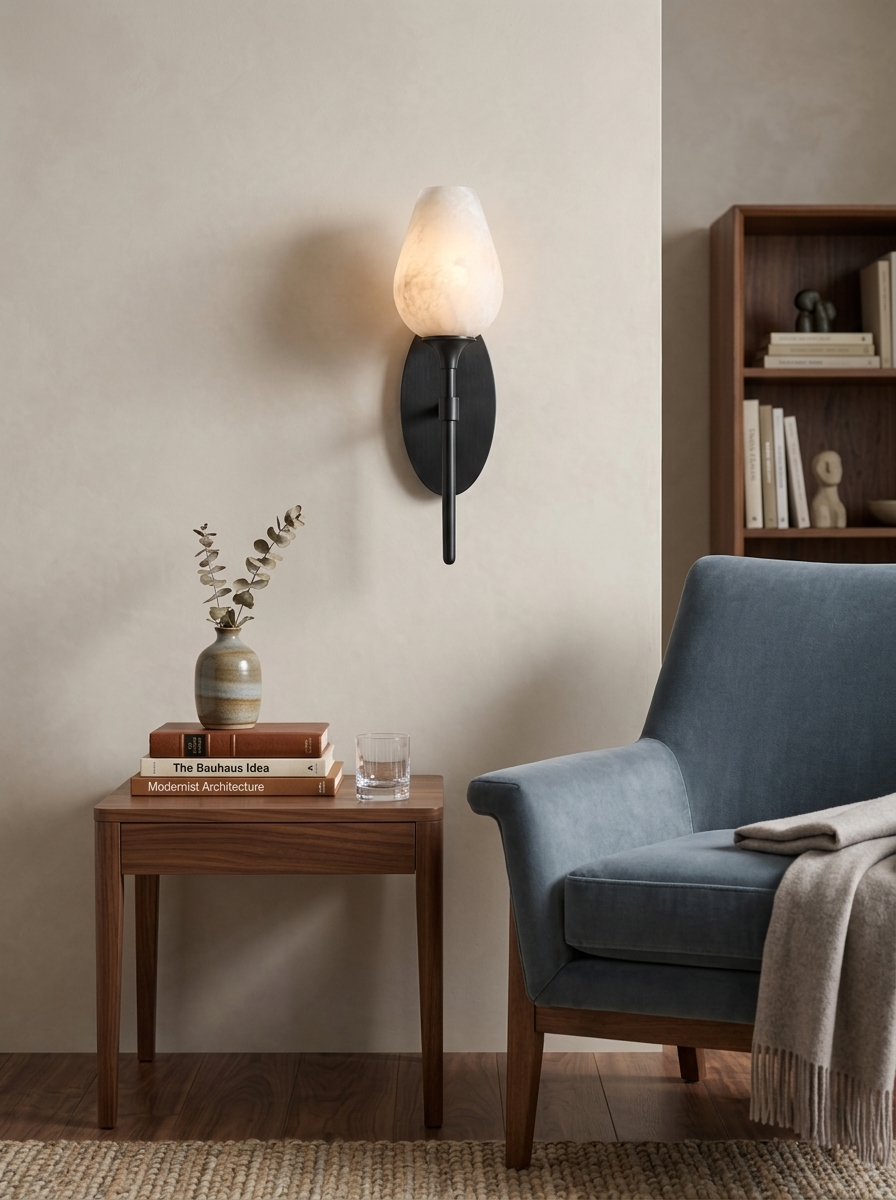 Floriane Alabaster Tulip Wall Sconce — additional product view, a tulip-shaped stone shade above a slender torch stem (view 3)