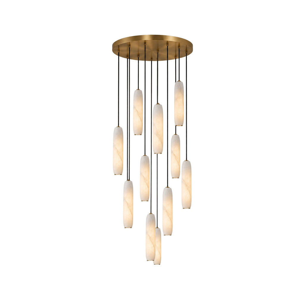 Flute Alabaster Chandelier — full fixture profile, cylindrical stone shades suspended in a cascading cluster (view 1)