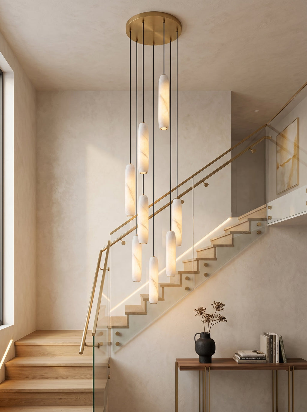 Flute Alabaster Chandelier — product setting and fixture profile, cylindrical stone shades suspended in a cascading cluster (view 2)