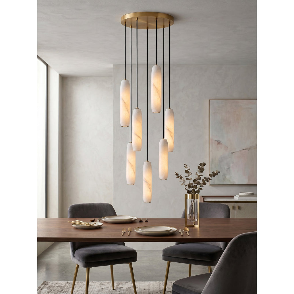 Flute Alabaster Chandelier — additional product view, cylindrical stone shades suspended in a cascading cluster (view 5)