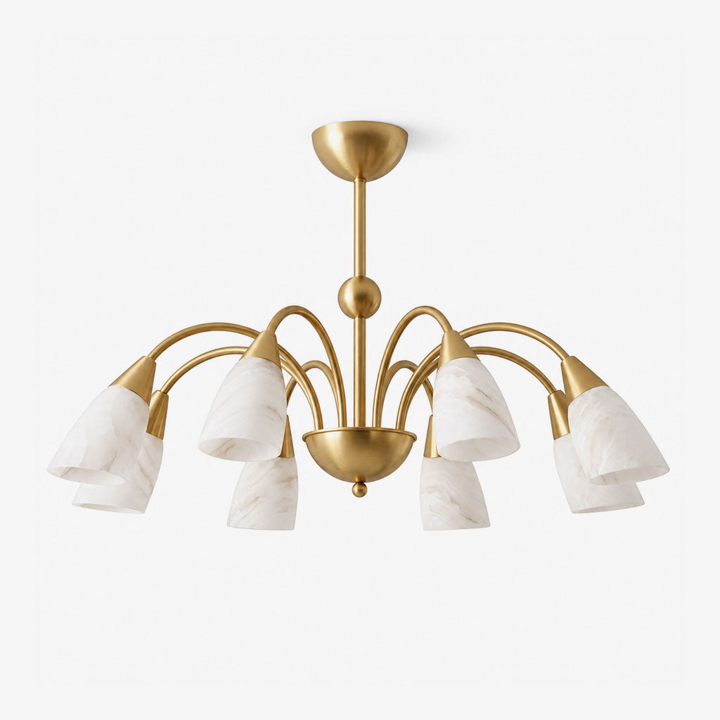 Fontana Alabaster Chandelier — full fixture profile, eight tapered stone shades on radiating curved arms (view 1)