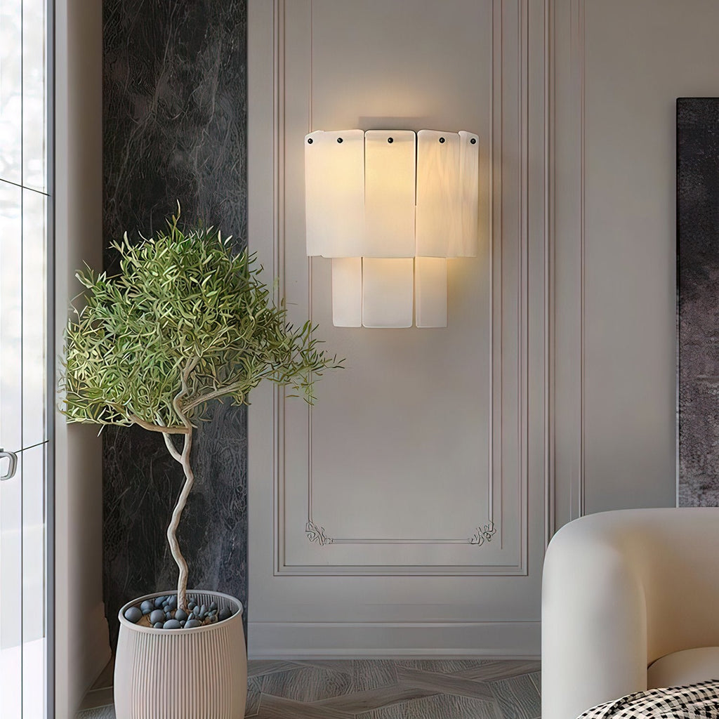 Fractured Alabaster Wall Sconce — product setting and fixture profile, two rows of stone panels in a contrasting metal frame (view 2)