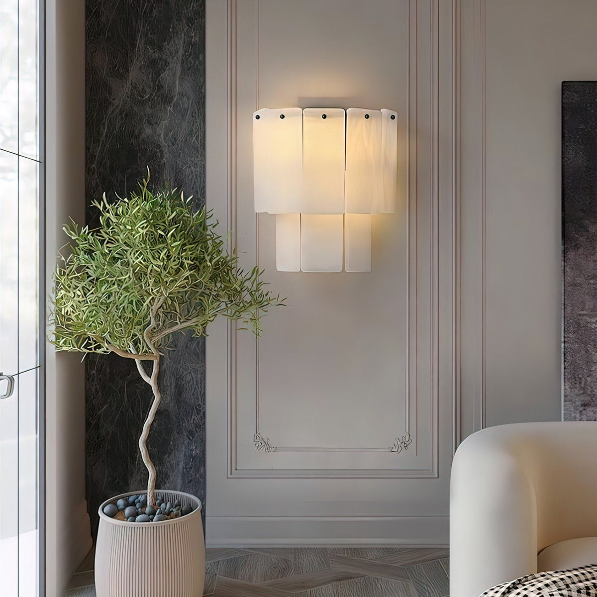 Fractured Alabaster Wall Sconce — product setting and fixture profile, two rows of stone panels in a contrasting metal frame (view 2)