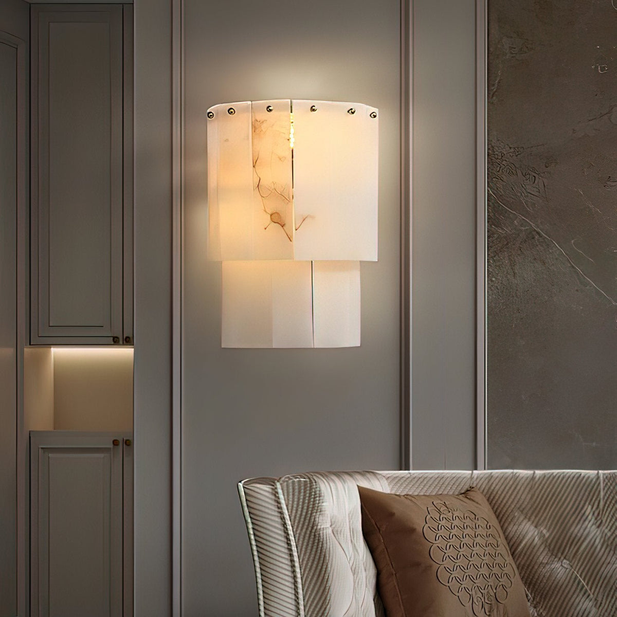 Fractured Alabaster Wall Sconce — additional product view, two rows of stone panels in a contrasting metal frame (view 3)