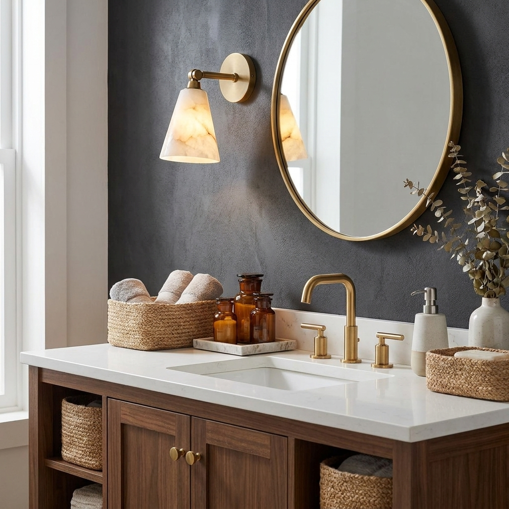 Fulcrum Alabaster Wall Sconce — product setting and fixture profile, a downward-facing stone cone beneath a short projecting arm (view 2)