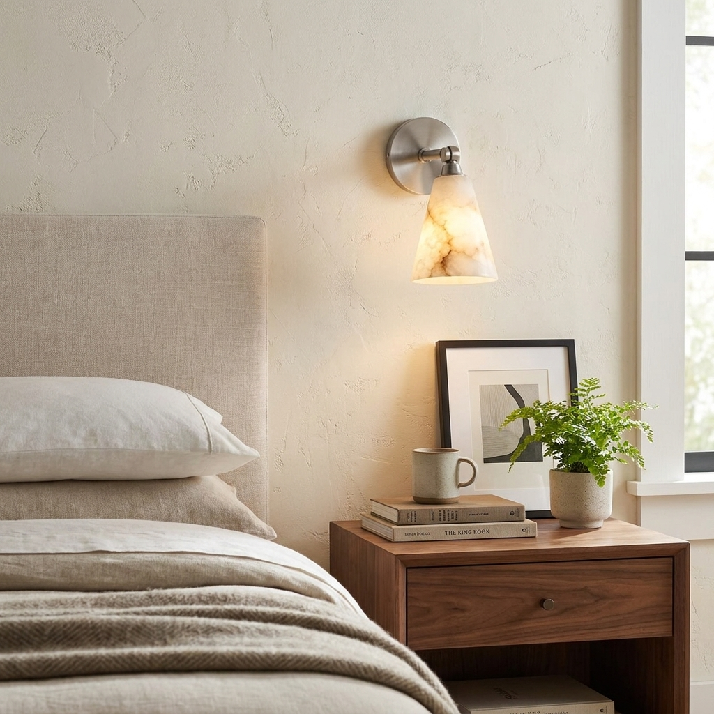 Fulcrum Alabaster Wall Sconce — additional product view, a downward-facing stone cone beneath a short projecting arm (view 3)