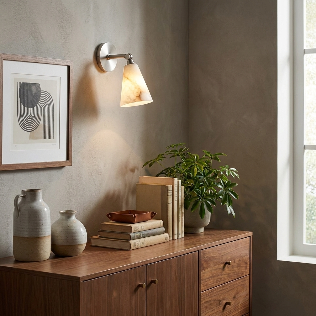 Fulcrum Alabaster Wall Sconce — additional product view, a downward-facing stone cone beneath a short projecting arm (view 4)