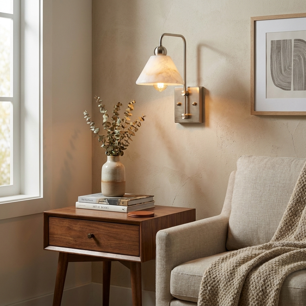 Gantry Alabaster Wall Sconce — product setting and fixture profile, a stone cone below a square-cornered tubular arm (view 2)