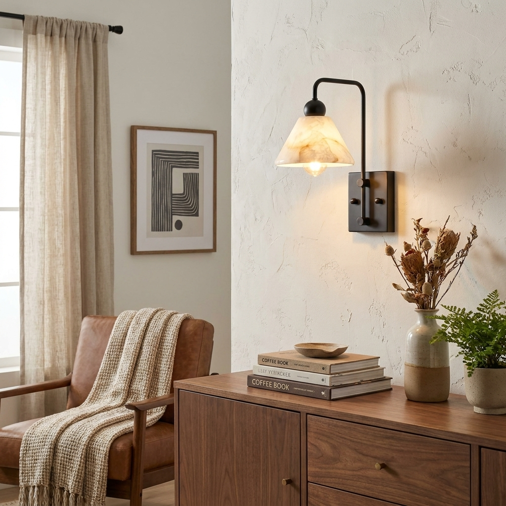 Gantry Alabaster Wall Sconce — additional product view, a stone cone below a square-cornered tubular arm (view 5)
