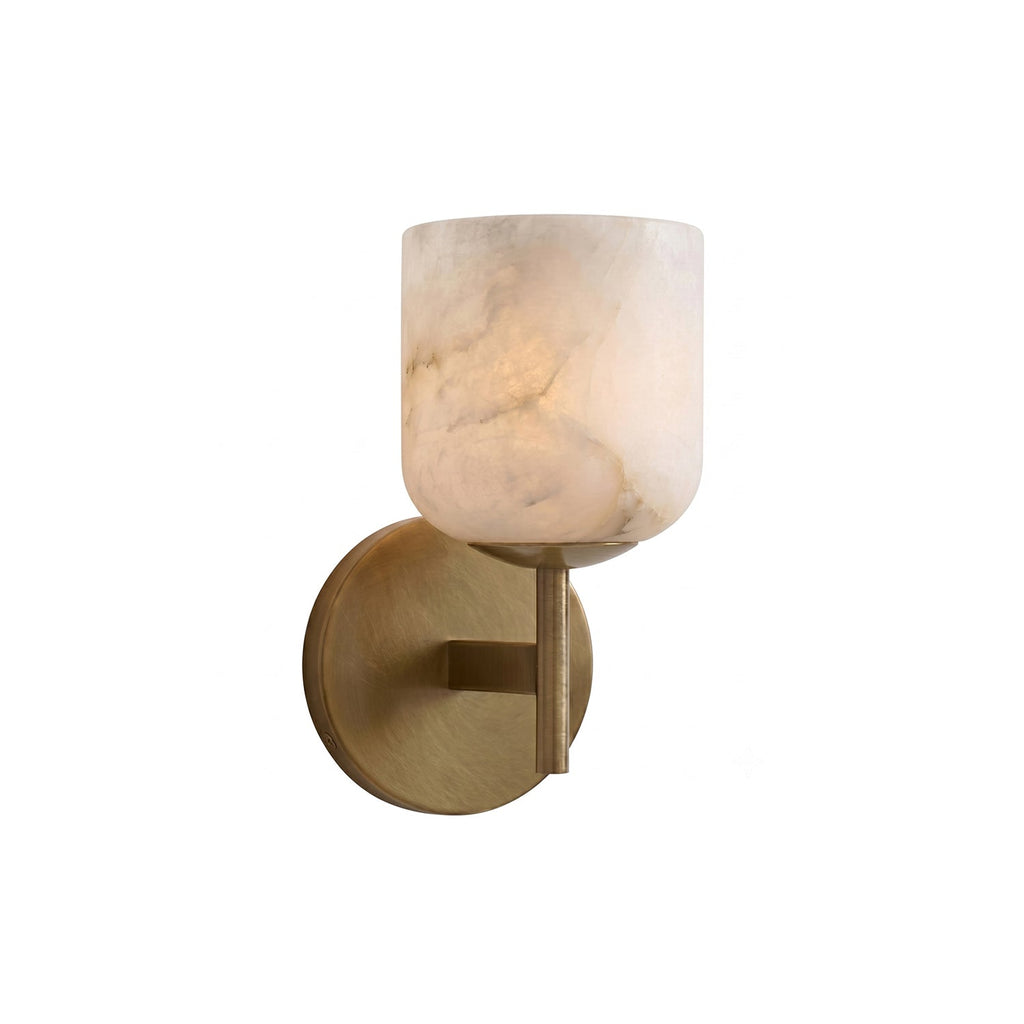 Garrison Alabaster Wall Sconce — full fixture profile, a stone shade accented by warm antique brass fittings (view 1)