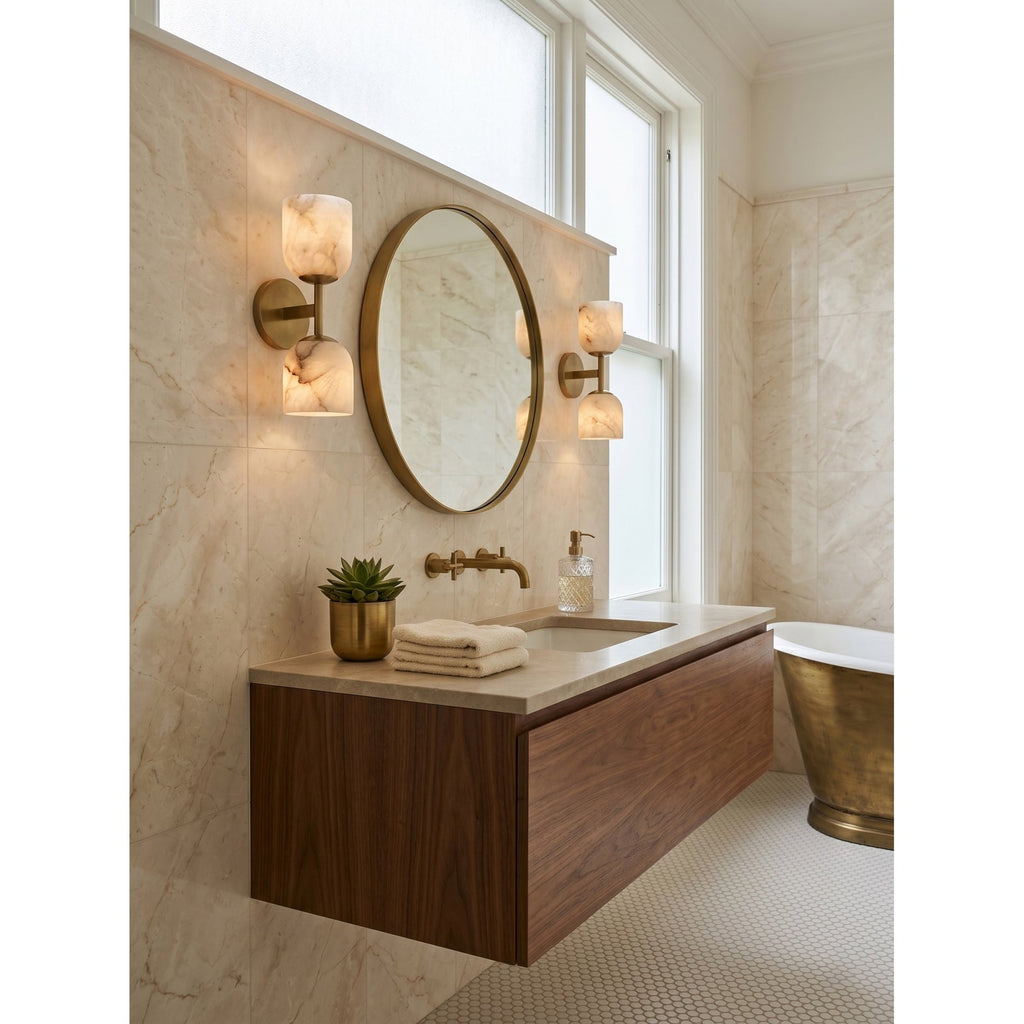 Garrison Alabaster Wall Sconce — additional product view, a stone shade accented by warm antique brass fittings (view 3)