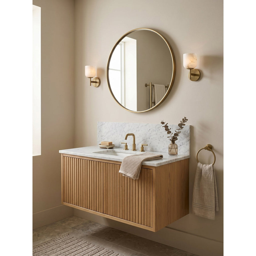 Garrison Alabaster Wall Sconce — additional product view, a stone shade accented by warm antique brass fittings (view 4)