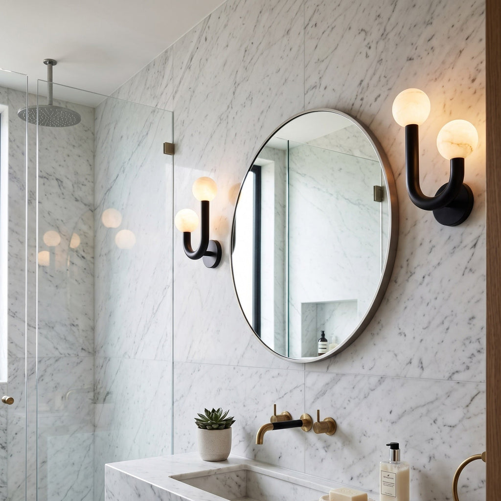 Happy Alabaster Wall Sconce — product setting and fixture profile, rounded stone globes on a geometric wall frame (view 2)