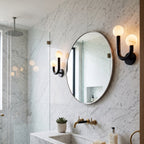 Happy Alabaster Wall Sconce — product setting and fixture profile, rounded stone globes on a geometric wall frame (view 2)