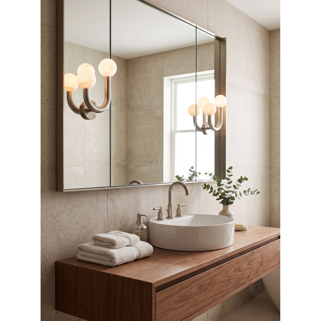 Happy Alabaster Wall Sconce — additional product view, rounded stone globes on a geometric wall frame (view 3)