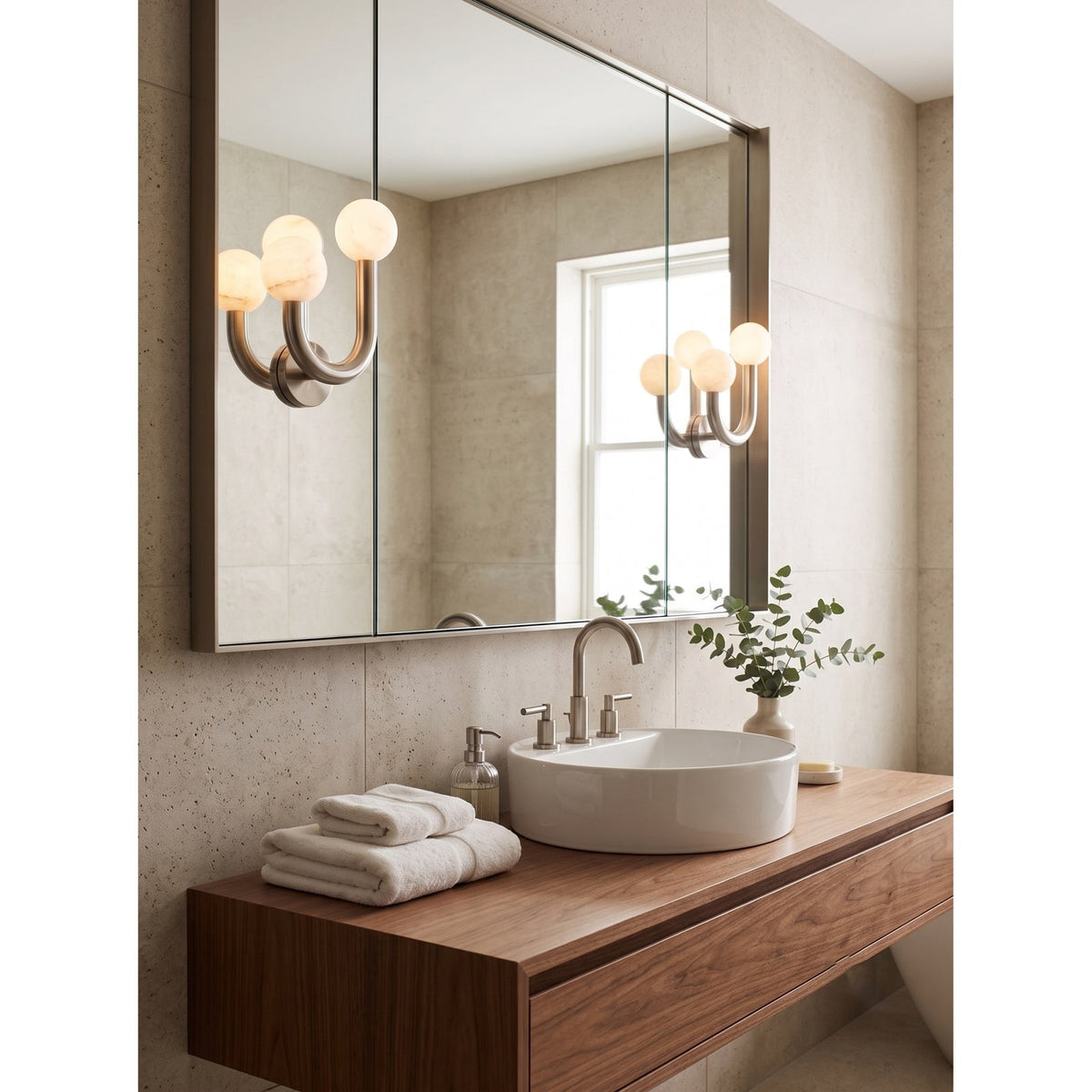 Happy Alabaster Wall Sconce — additional product view, rounded stone globes on a geometric wall frame (view 3)