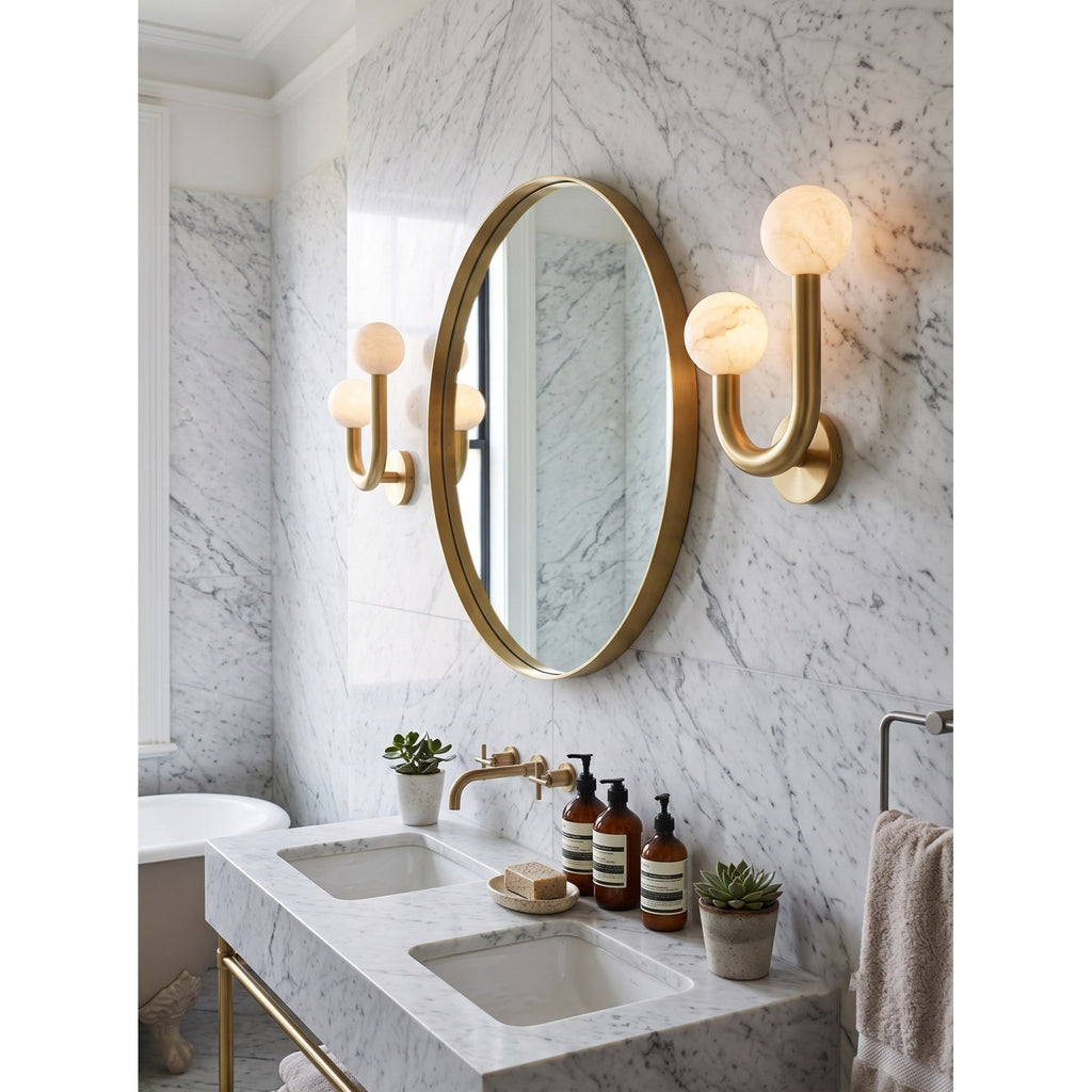 Happy Alabaster Wall Sconce — additional product view, rounded stone globes on a geometric wall frame (view 4)