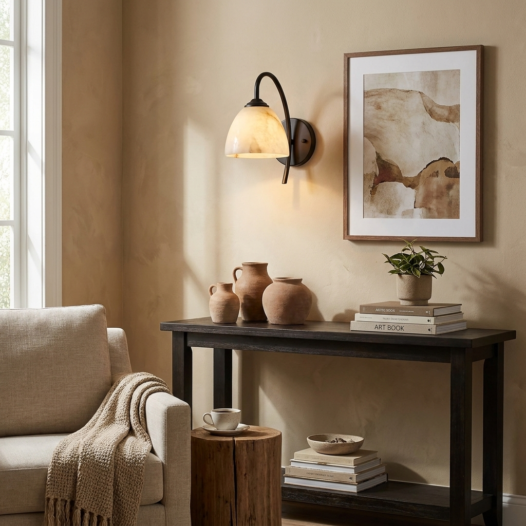 Harebell Alabaster Wall Sconce — product setting and fixture profile, a bell-shaped stone shade beneath a tall arched arm (view 2)