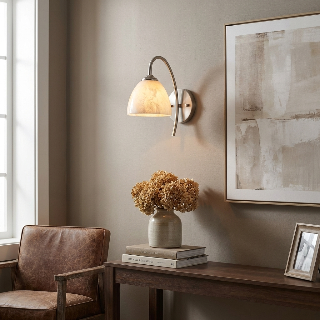 Harebell Alabaster Wall Sconce — additional product view, a bell-shaped stone shade beneath a tall arched arm (view 3)