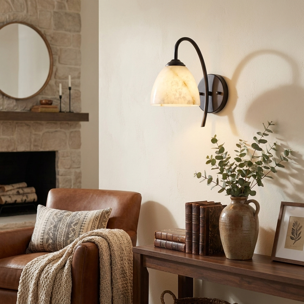 Harebell Alabaster Wall Sconce — additional product view, a bell-shaped stone shade beneath a tall arched arm (view 5)