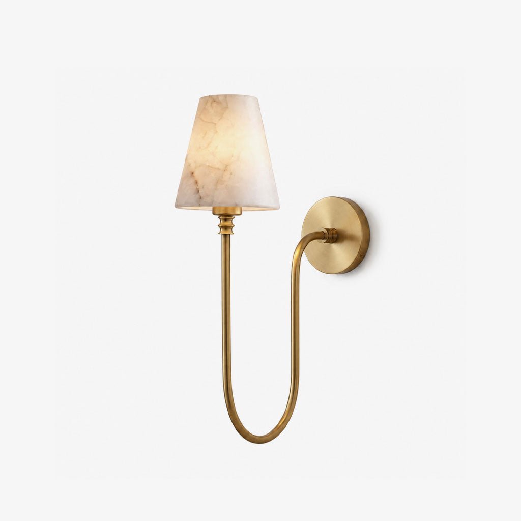 Harlow Alabaster Cone Sconce — full fixture profile, a stone cone above a tall looping brass arm (view 1)