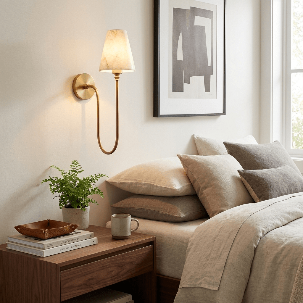 Harlow Alabaster Cone Sconce — product setting and fixture profile, a stone cone above a tall looping brass arm (view 2)