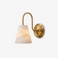 Heron Alabaster Wall Sconce — full fixture profile, a downward-facing stone cone beneath a tall curved arm (view 1)