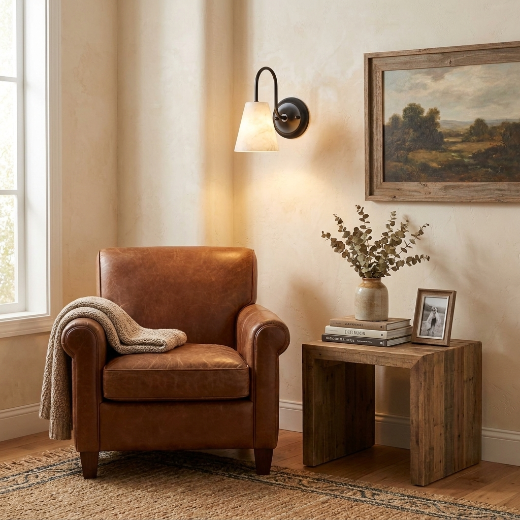 Heron Alabaster Wall Sconce — product setting and fixture profile, a downward-facing stone cone beneath a tall curved arm (view 2)