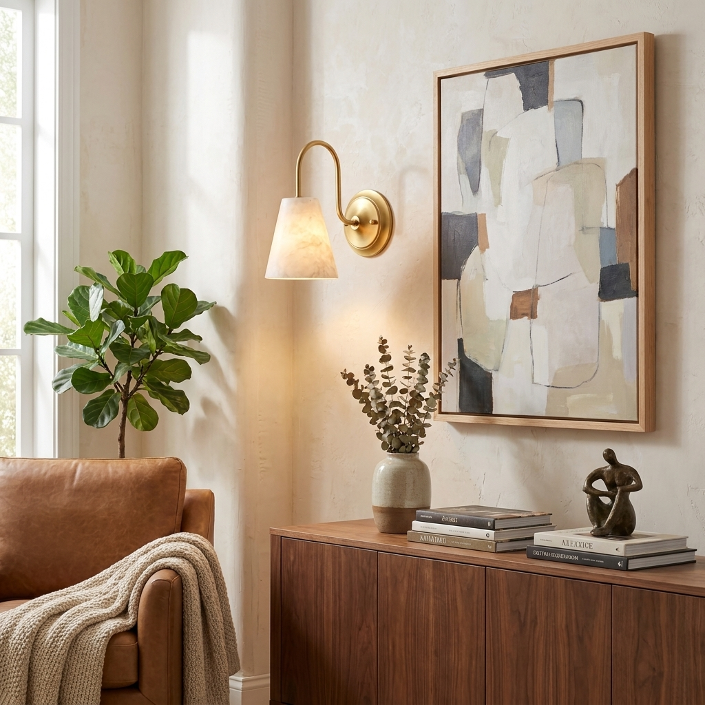 Heron Alabaster Wall Sconce — additional product view, a downward-facing stone cone beneath a tall curved arm (view 3)
