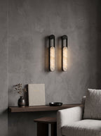 Inez LED Alabaster Wall Sconce — product setting and fixture profile, a long stone diffuser within a slim metal frame (view 2)