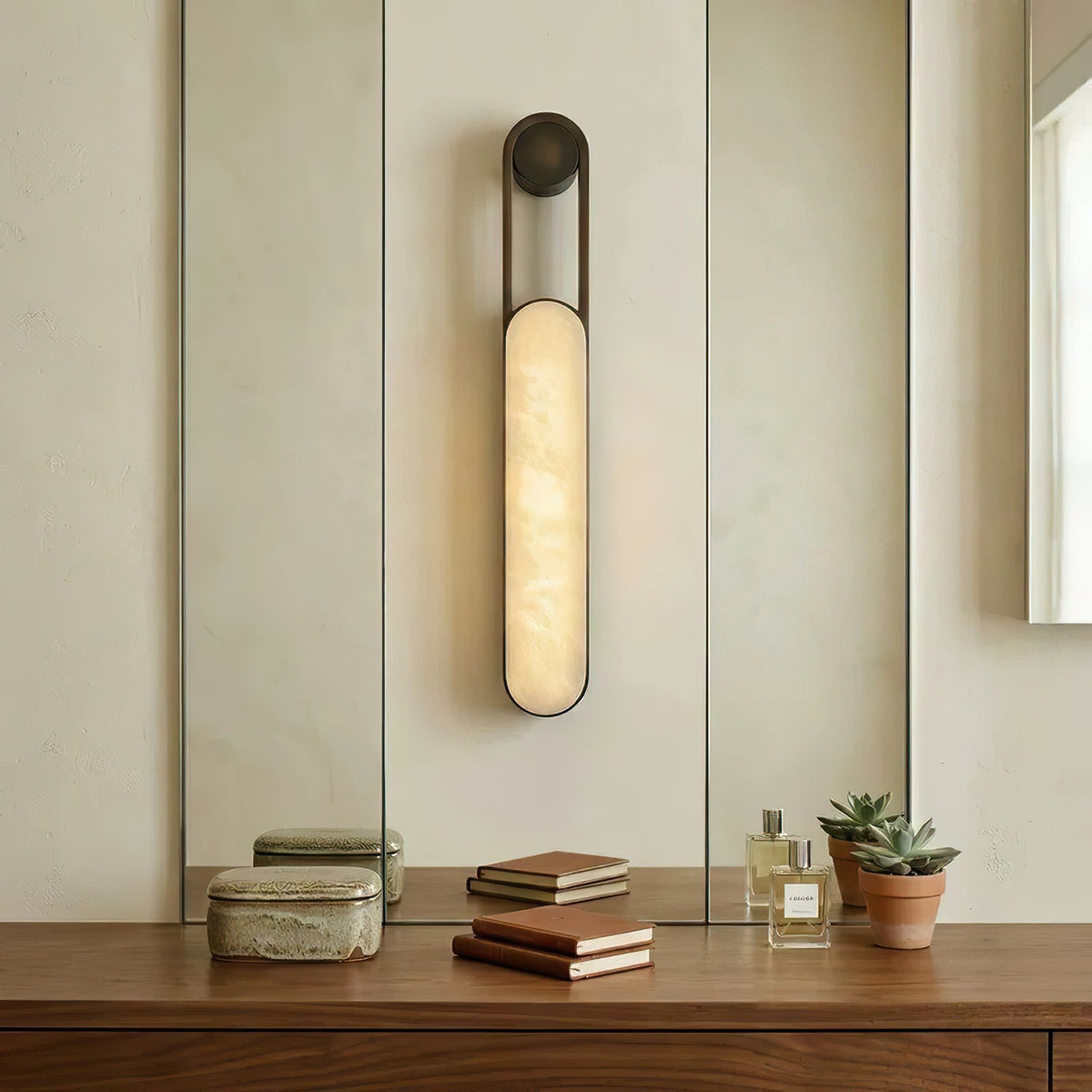 Inez LED Alabaster Wall Sconce — additional product view, a long stone diffuser within a slim metal frame (view 5)
