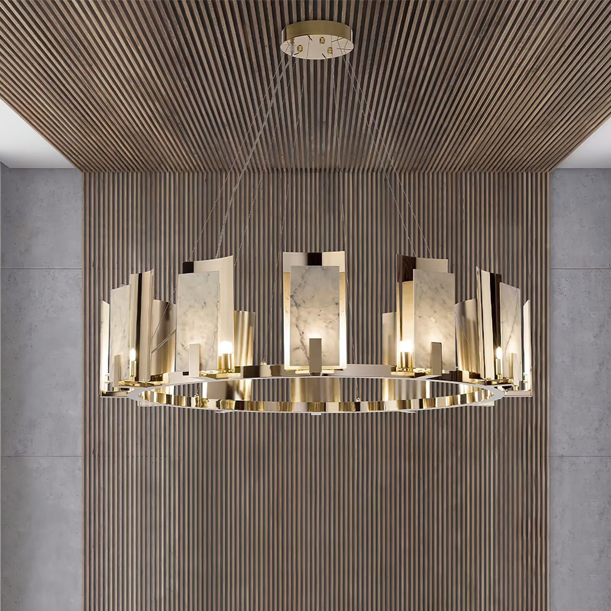 Jessie Alabaster Round Chandelier — additional product view, stone shades arranged around a circular metal structure (view 3)